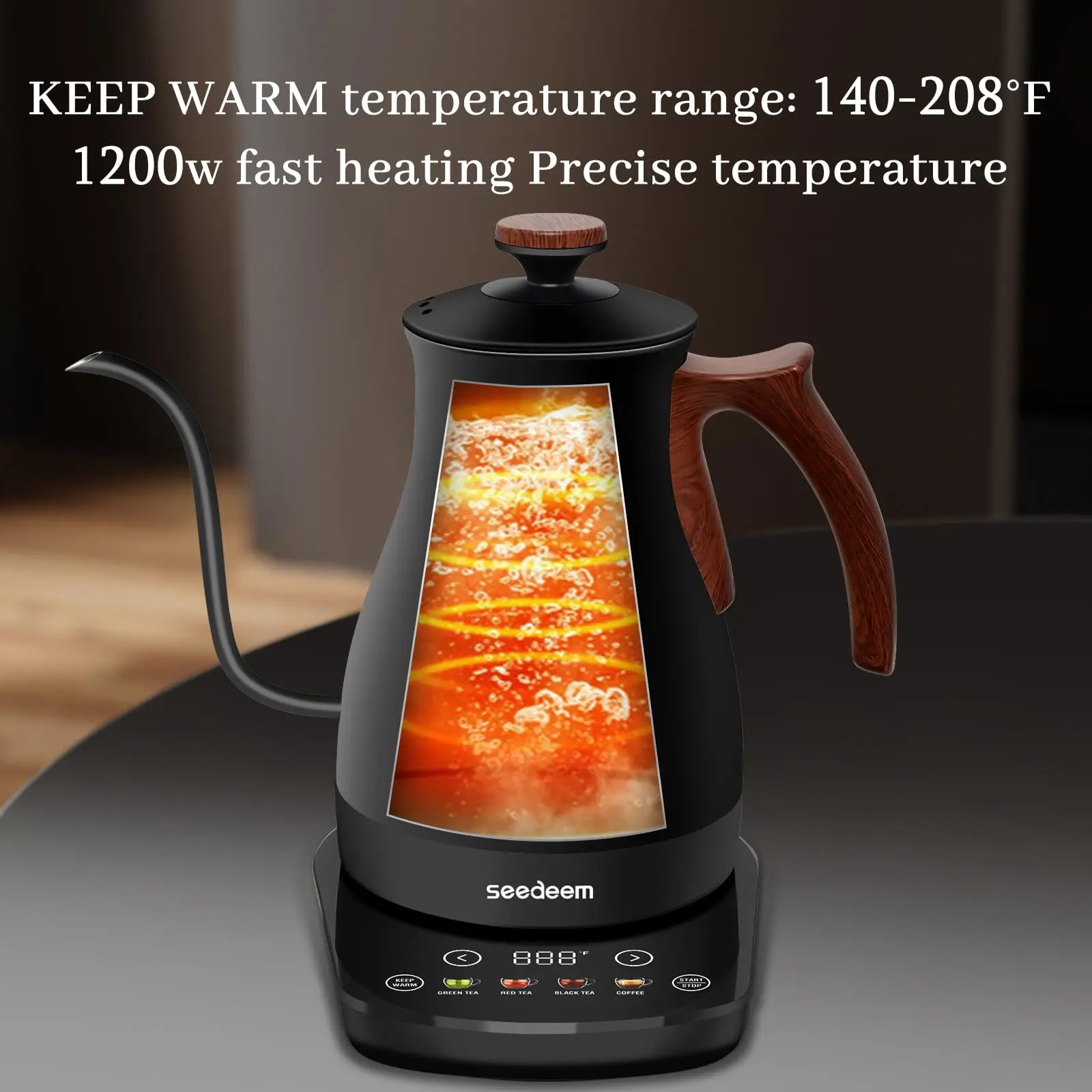 Gooseneck Electric Kettle 1200W Electric Tea & Coffee Kettle with Four Heating Modes Rapid Heating,±1℉ Temperature Control,