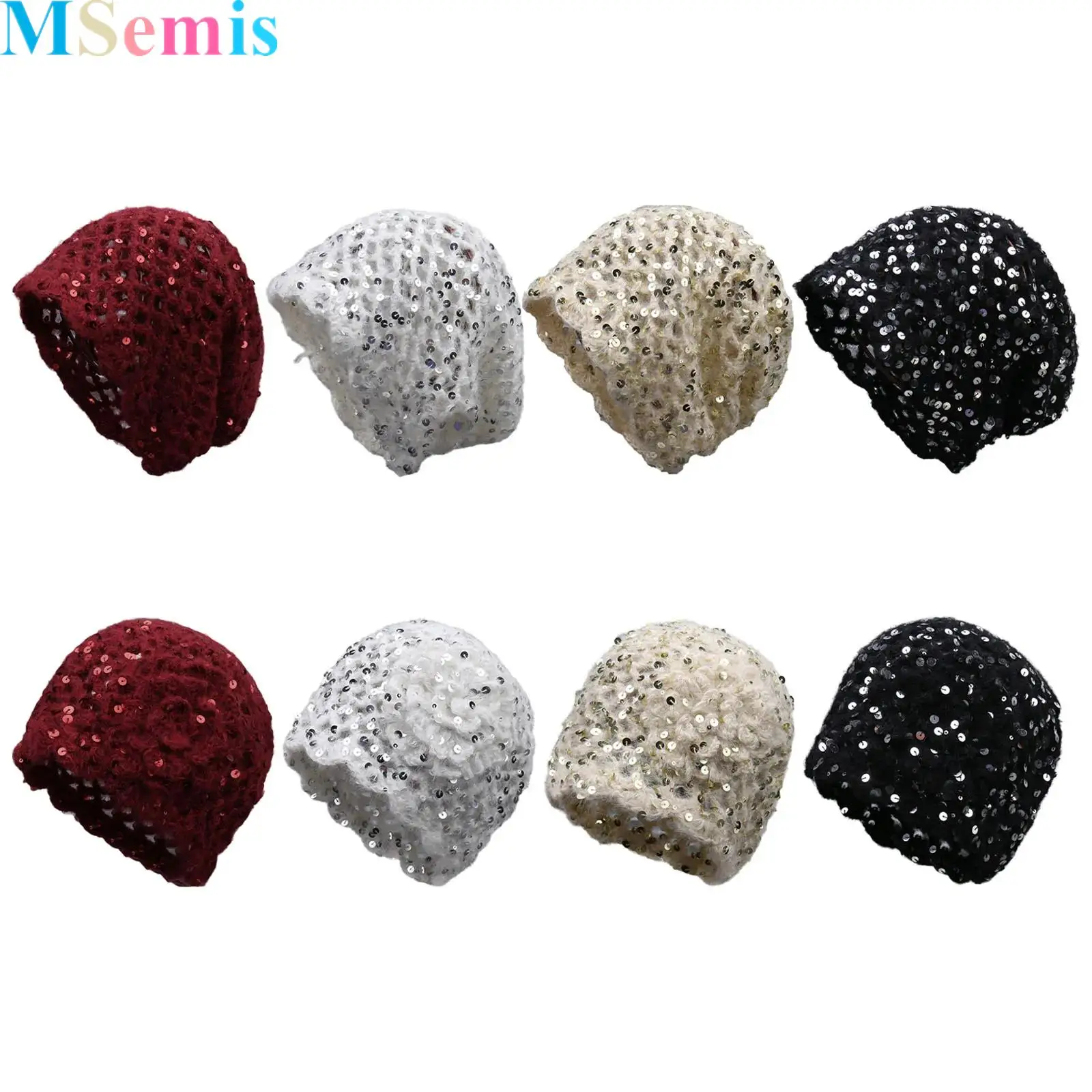 

1Pcs Sequins Crochet Beanie Hat Skull Cap Hollow-Out Design Lightweight Hat Floral Stretchy Knitted Hat for Women