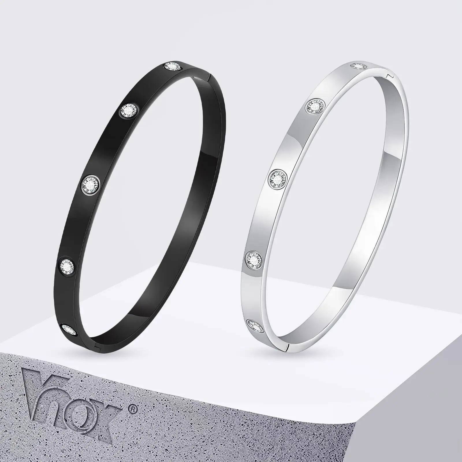 

Vnox 6mm Stainless Steel Bracelet for Men with 10pcs CZ Stones Bangle Shiny Black Silver Color Valentines Birthday Gifts for Him