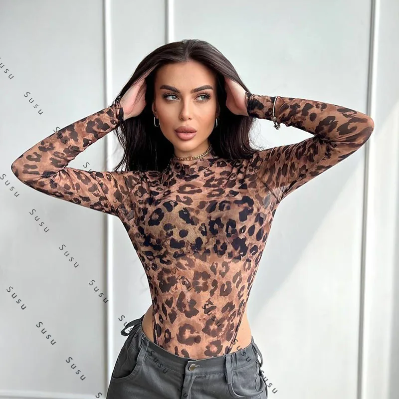 

2025 new European and American spring new fashion personalized long-sleeved mesh leopard print print tight Spice Girl onesie
