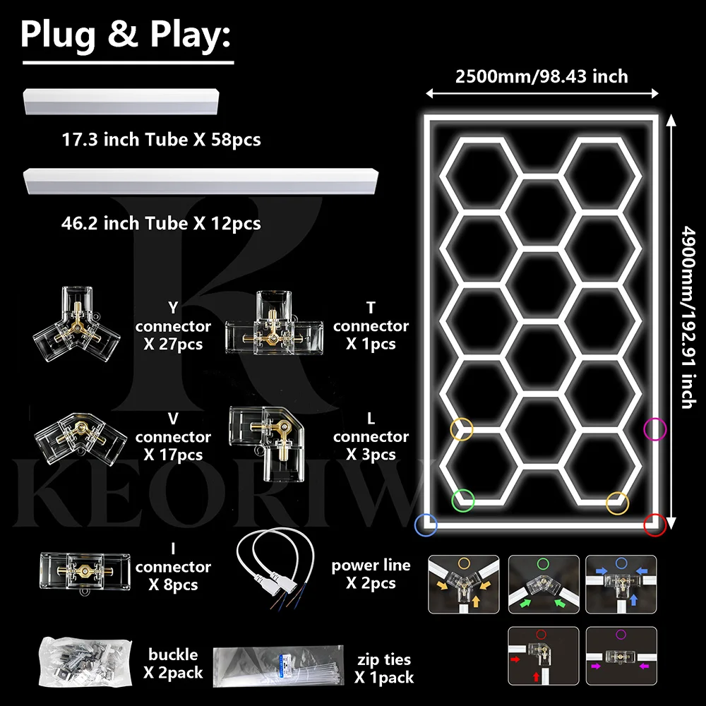 Honeycomb hexagonal white light garage lamp - 6500K cool white light. Two installation methods: simple screws and cable ties. Plug and play. DIY flexible combination. Suitable for garages and 4S stores.