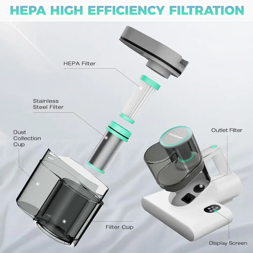UV-C- en warmtematrasreiniger: 16kPa bedstofzuiger met HEPA, ultrasoon en dubbele bekers