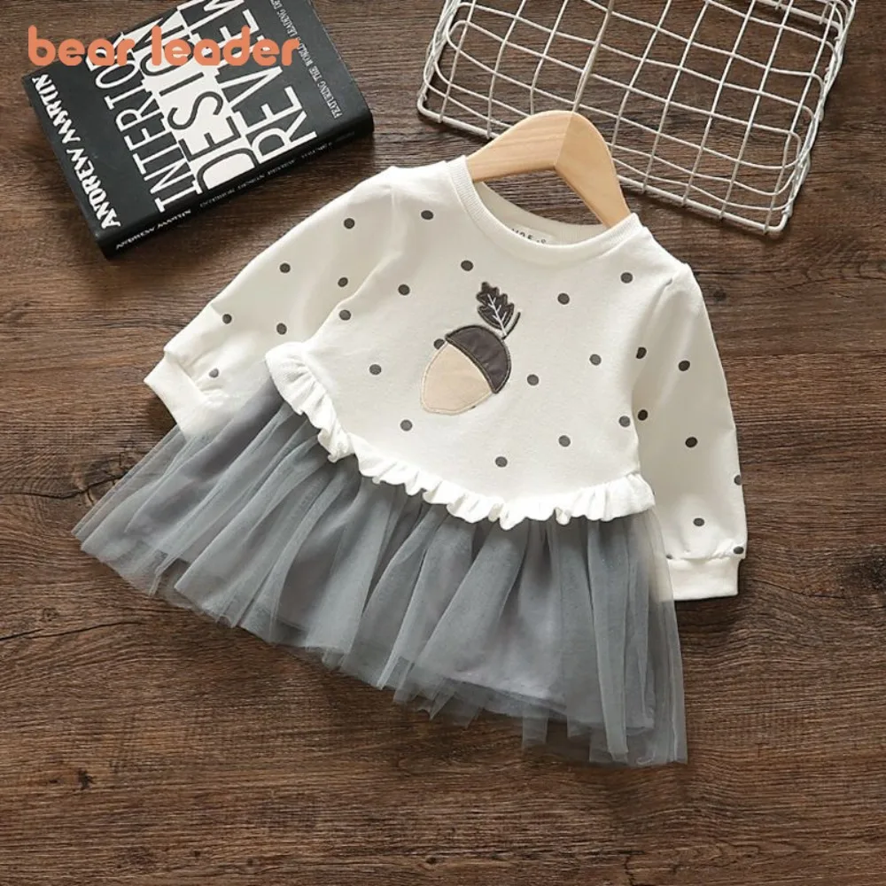 Bär Führer Koreanische Version Nette Mädchen Casual Kleider Spleißen Mesh Kinder Kleidung Cartoon Liebe Gedruckt Lange Ärmeln Kleid