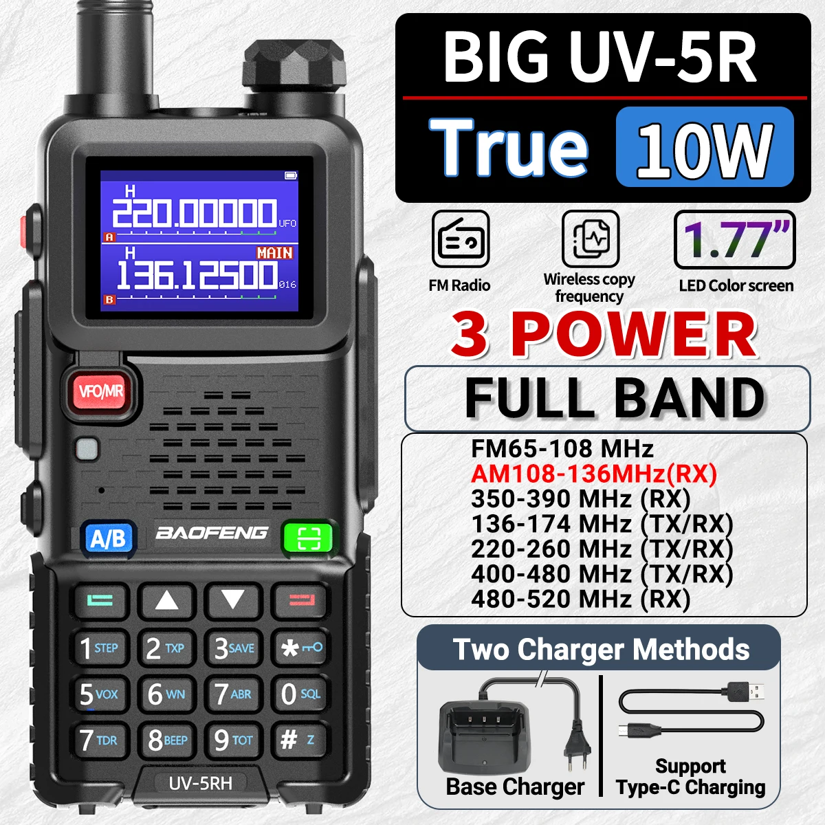 Baofeng UV-5RH Walkie Talkie Long Range Wireless Copy Frequency Air Band Ham Two Way Radio Type-C  High Power Upgraded UV-5R