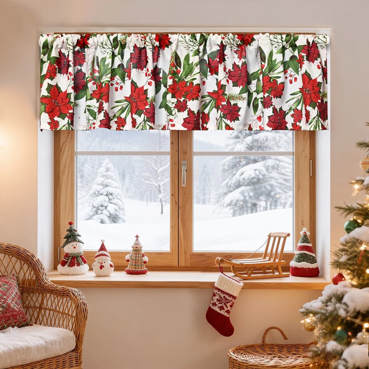 1PC Christmas Poinsettia Printed Rod-Pocket Short Curtain, Suitable for Christmas Festival Curtain Decoration and Embellishment