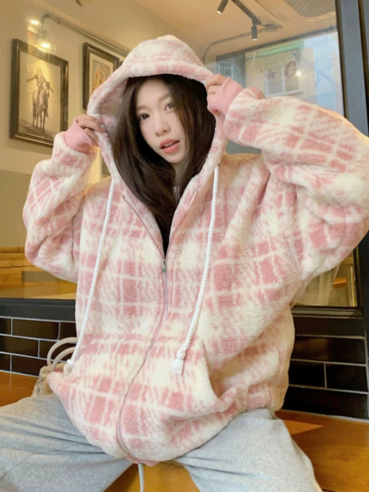 

Розовое клетчатое милое пальто из искусственного ягненка, женское свободное винтажное зимнее теплое толстое хлопковое пальто в консервативном стиле, милые топы с капюшоном и длинными рукавами