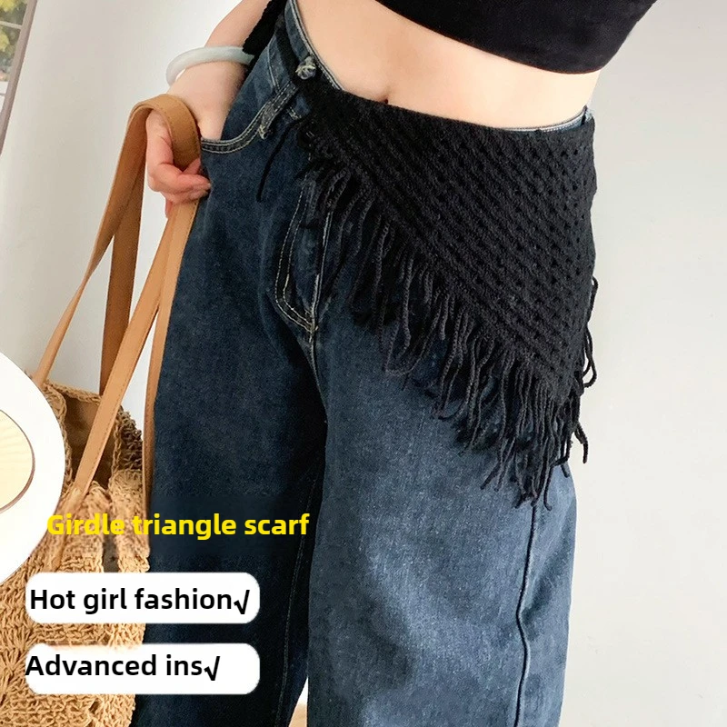

Korean Fresh Sweet Knit Arse Curtain Small Design with Jeans Semi Skirts for Women Personality Y2k Skirt Gothic Pleated Skirt