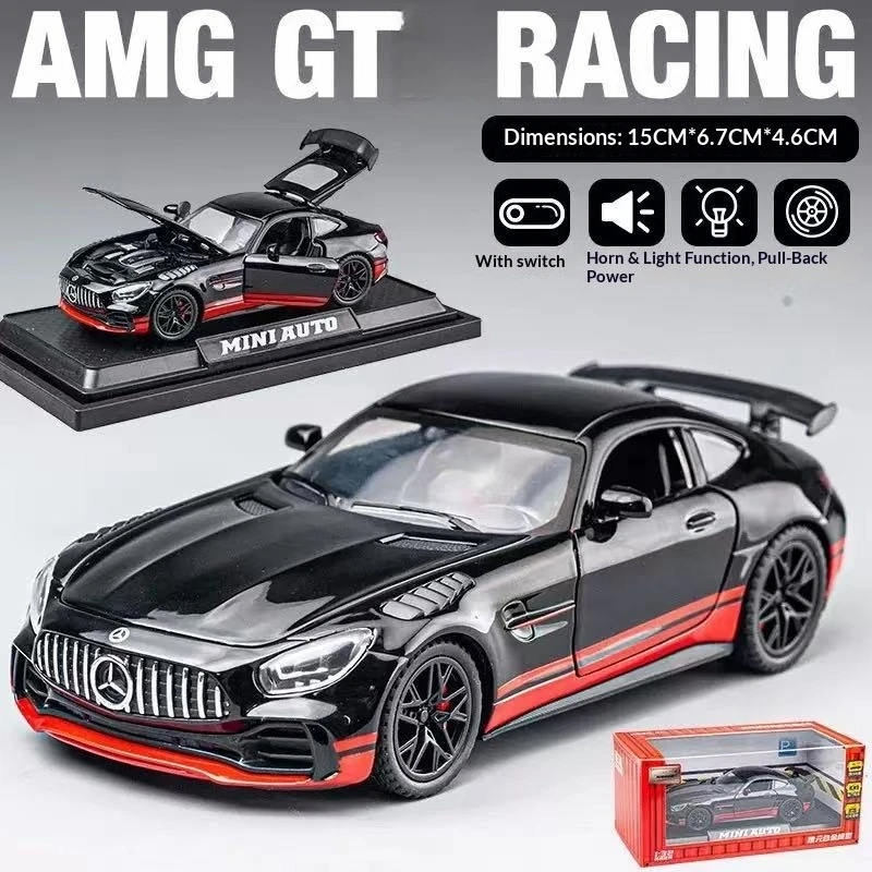 1:32 Mercedes Benz AMG GT-R adorno de modelo de coche de aleación, puertas y capó de motor, el maletero se puede abrir, juguetes eléctricos para niños