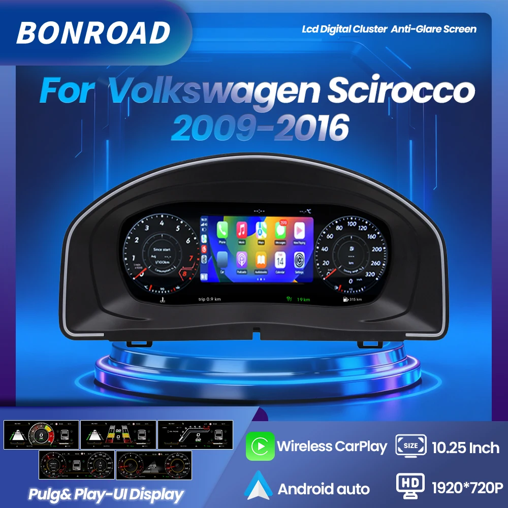 BONROAD LCD Digitaal CarPlay Android Auto Dashboard Radio Instrumentenpaneel voor VW Scirocco 2009-2016 Snelheidsmeter Cockpit - afbeelding 2