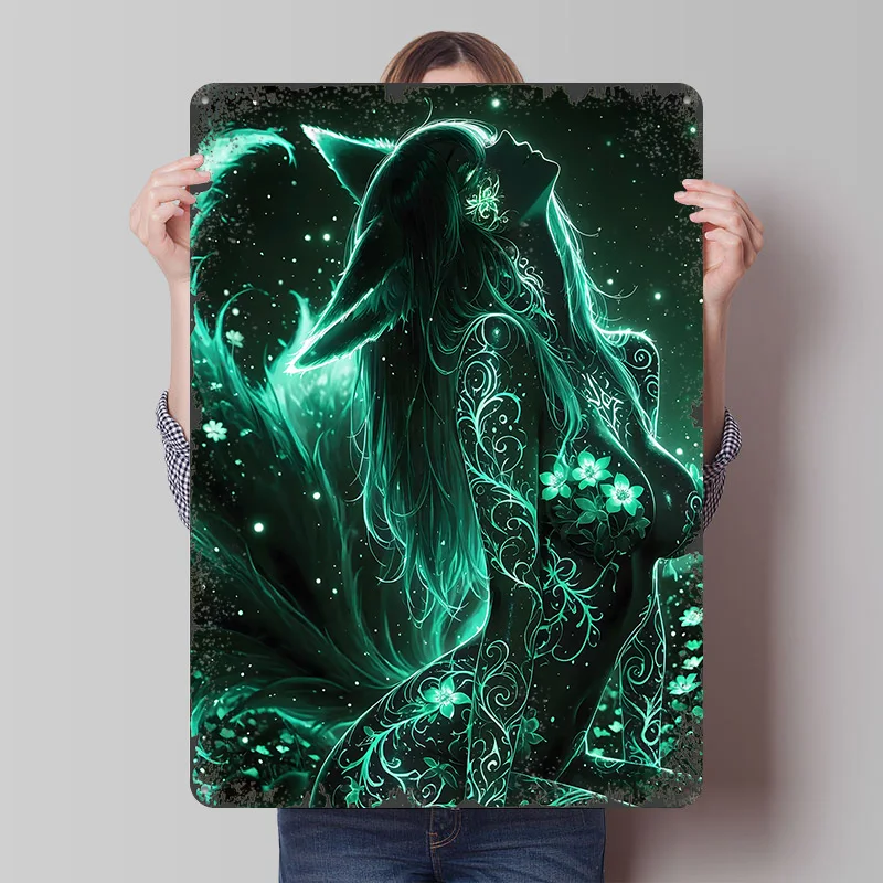 Fox Girl in Emerald Glow Tinplate Poster Customized Wall Art Vintage Retro Metal Signs for Mancave Decoration Room Coffee Bar