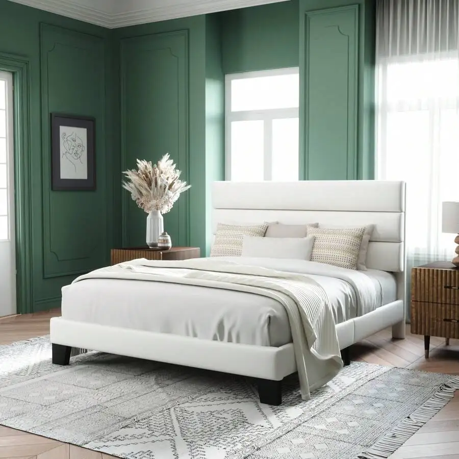 Twin/Full/Queen/King Size Platform Bed Frame With Fabric Upholstered Headboard And Wooden Slats Support, Fully Upholstered Mattress Foundation, No Box Spring Needed, Easy Assembly, Cream