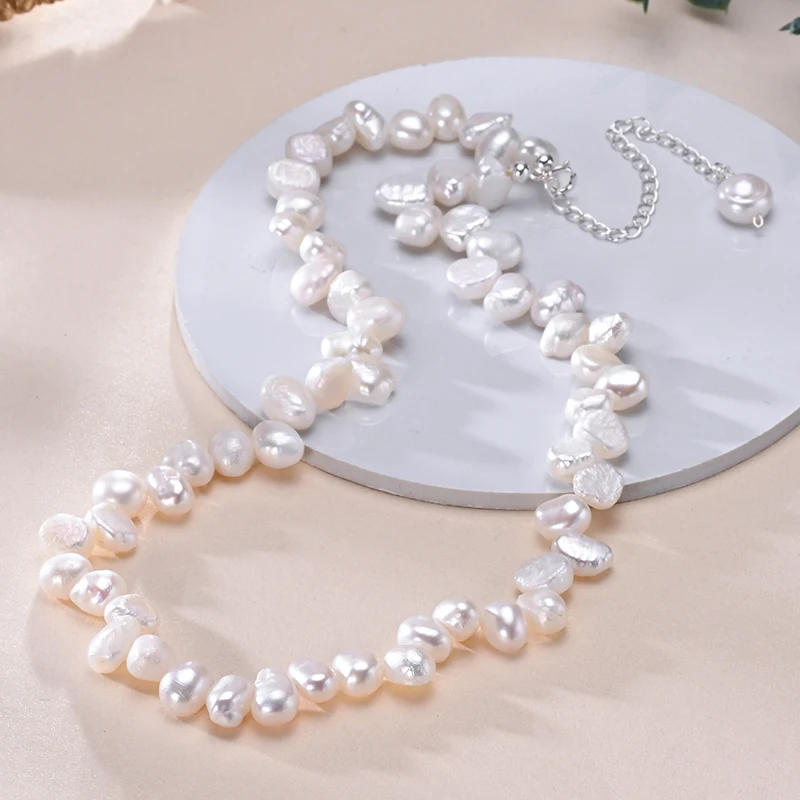 

HENGSHENG 925 Sterling Silver Freshwater 6-7mm Interleaved Baroque White Pearl Necklace Fine Trendy Jewelry Gift for Women Girls