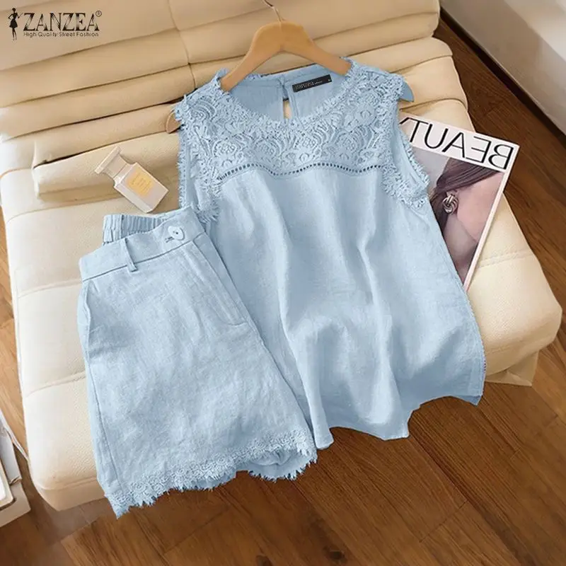 ZANZEA femmes été ensembles courts mode 2 pièces Vintage décontracté ample 2 pièces tenues 2026 sans manches dentelle débardeurs et Shorts ensembles