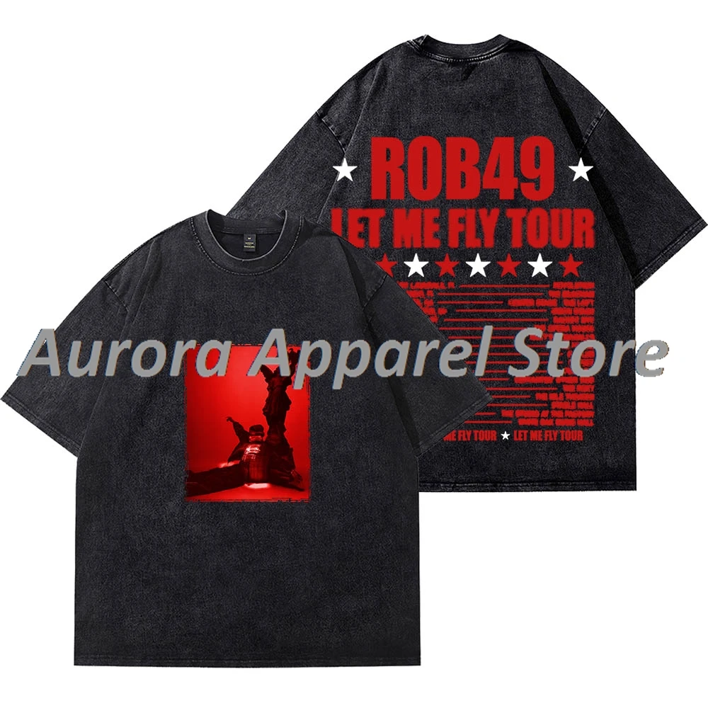 

Rob49 Let Me Fly Tour Merch Vintage Wash T-Shirts Cosplay Women Men HipHop Cotton Short Sleeve Tee