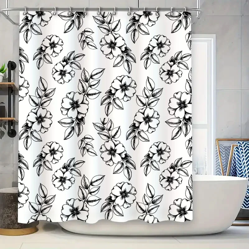 

Элегантная черно-белая цветочная занавеска для ванны, занавеска для душа, водонепроницаемая декоративная занавеска для окна ванной комнаты с кольцами, размер настраиваемый