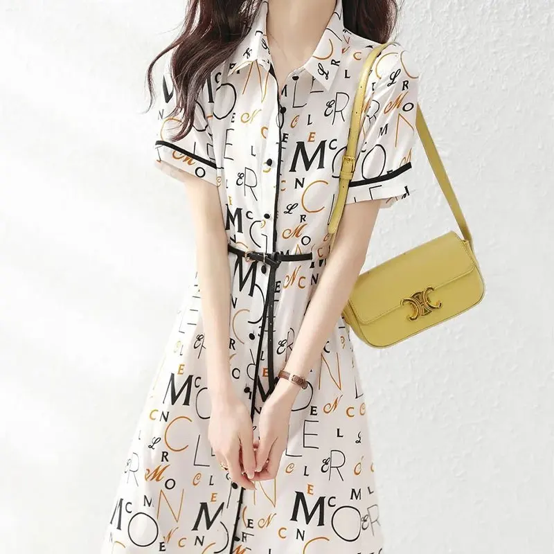 

Female Clothing Letter Printed Dresses Stylish Sashes A-Line Summer New Commute Short Sleeve Spliced Casual Polo-Neck Midi Dress