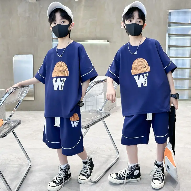 Boys Summer 2023 New Casual Shorts Sleeve Sleeveless T-shirts+Pants 2pcs Sets 5-14 Years Teenage Sportswear Children Outfits Set