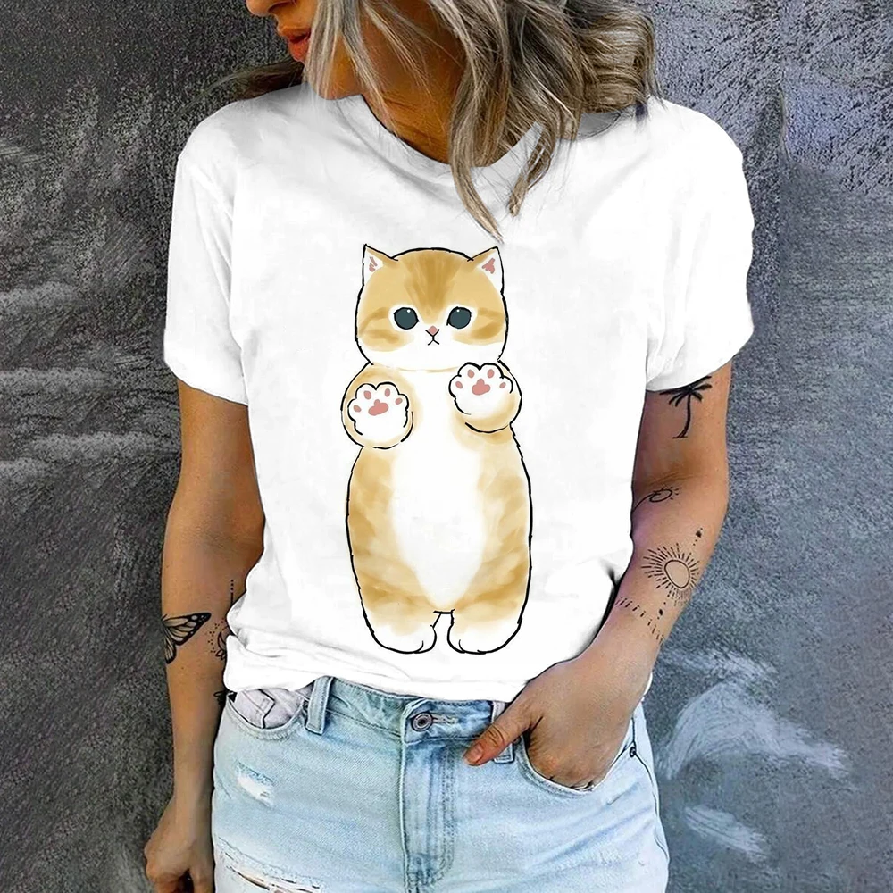 Elegant Casual Comfortable Round Neck Short Sleeve Cute Cat Print Fashion T-shirt Summer Breathable Loose Women\'s Short Sleeve