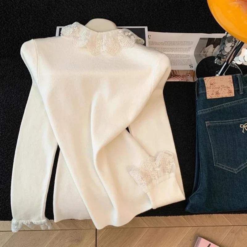 

Новая женская блузка-лонгслив с высоким воротником во французском стиле, осенне-зимняя, с кружевной отделкой, пэчворк, из нежной шерстяной смеси, приталенная