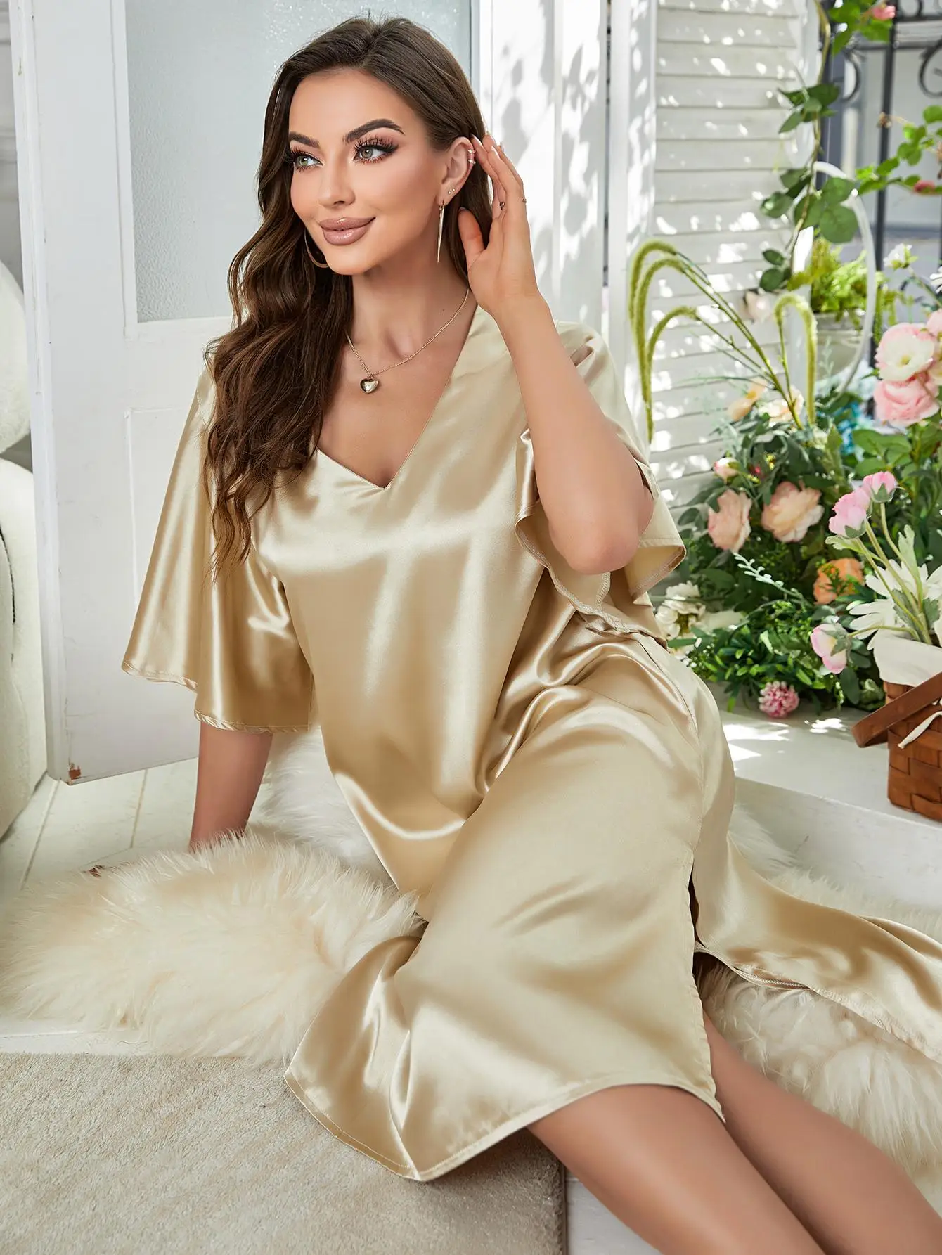 Golden Silk Satin Women\'s Nightgown V Neck Side Split Sleepshirt Casual Sexy Home Wear Night Dress Summer Nightwear Pajamas S-XL