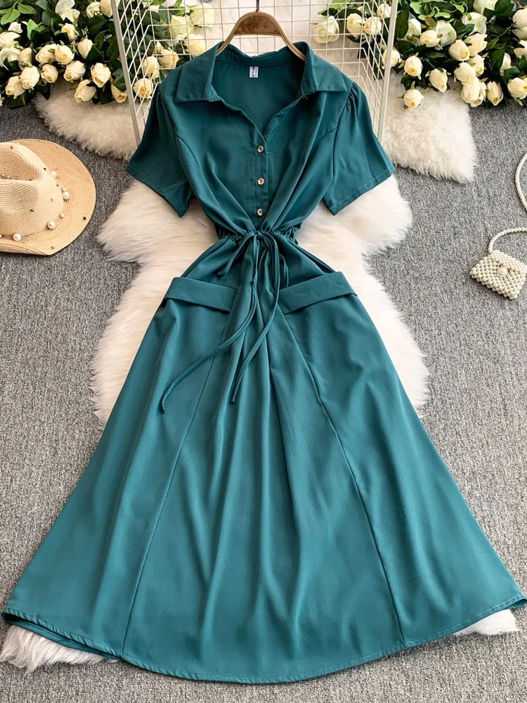 

Women Fashion 2025 Summer New Single-breasted Lace-up Slim Shirt Long Dress Y2k Streetwear Formal