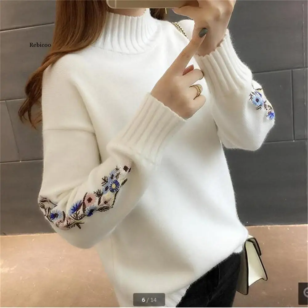 

Turtleneck sweater women top woman long sleeve warm sweaters Embroidered Knitted pullover High quality women fashion