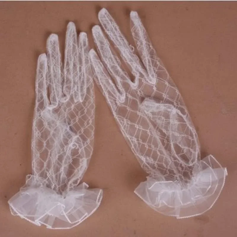 Guantes de boda para novia, manopla de rejilla de verano a prueba de rayos UV, transparente, de gasa de encaje, diseño corto blanco, 2025