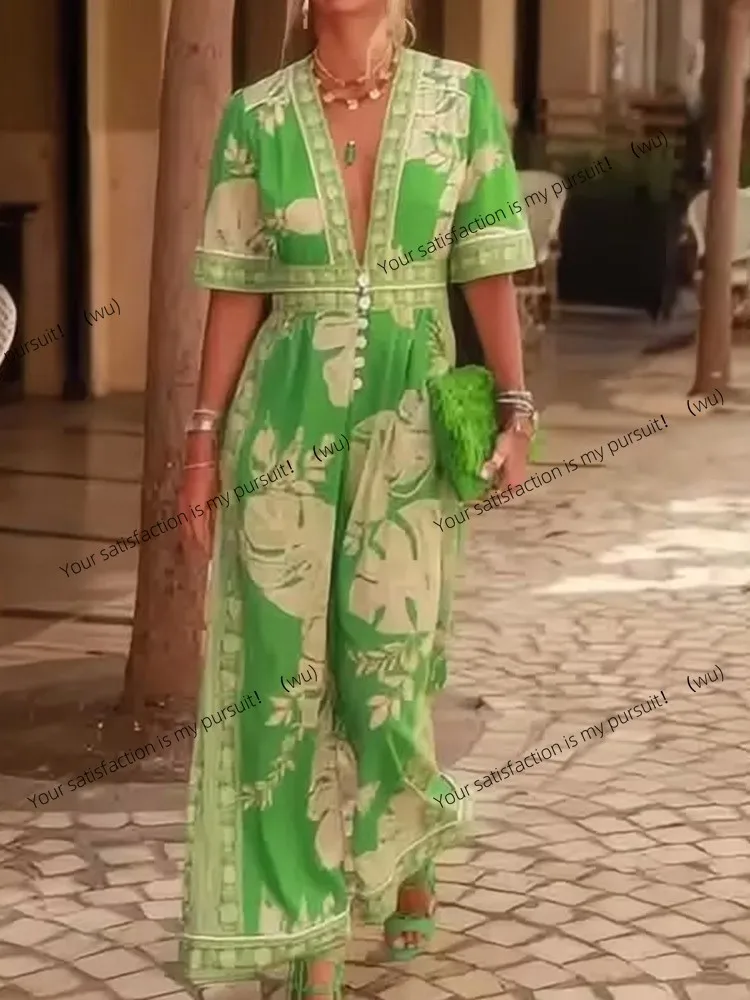 

ZOCI-New Summer Print V-Neck Elegant Short Sleeve Jumpsuit Fashion Elegant Casual Office Holiday Jumpsuit Party Women's Wear