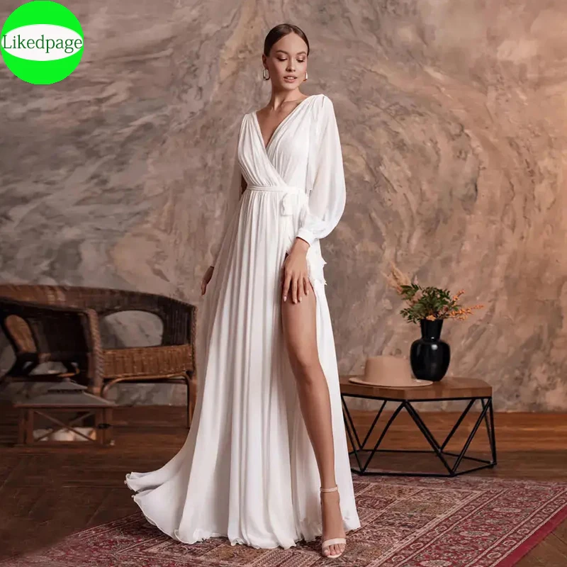 

Custom Made Simple Wedding Dress Sexy V Neck Long Sleeves Plain Chiffon A Line Beach Wedding Gown Side Slit Bridal Dress