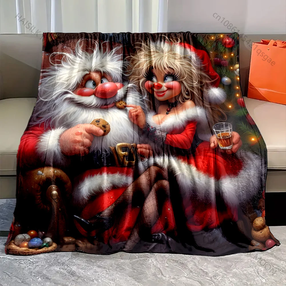 Santa Claus and Christmas woman pattern Blanket Flannel Material Soft Warm for All Seasons,For Home Outdoor Camping Picnics RV