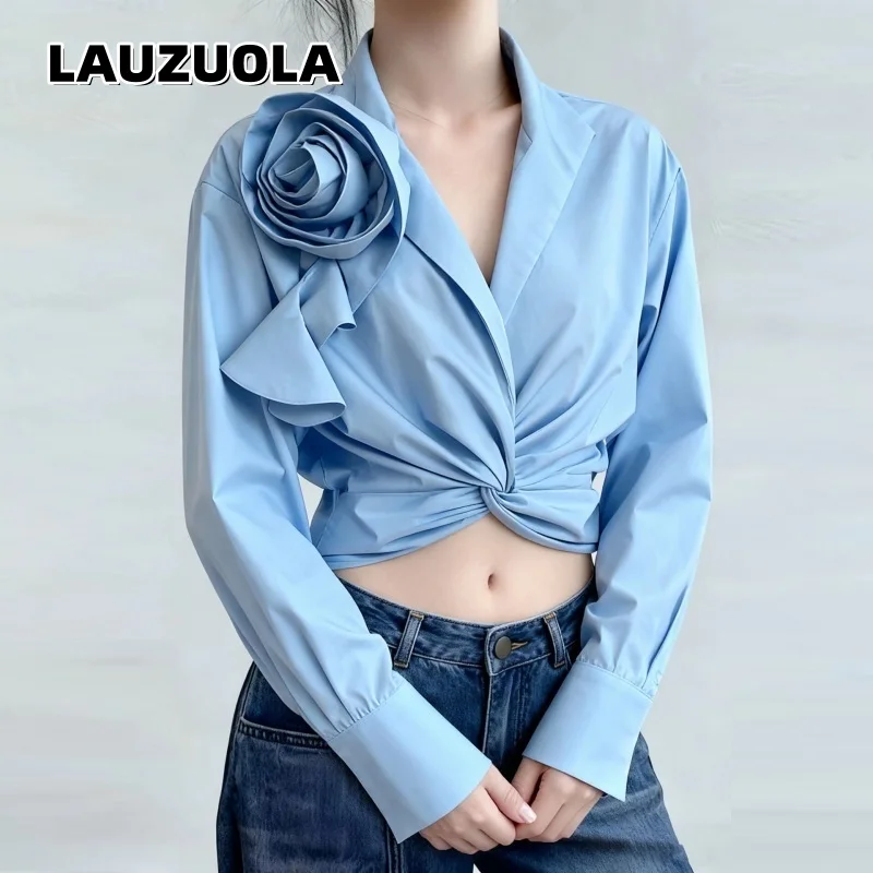 Women Blue Cropped Blouse 3D Rose Flower Decor Long Sleeve V Neck Twisted Knot Front Shirt Elegant Office Lady Tops
