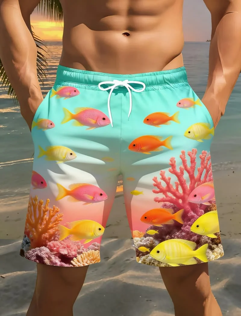 

Мужские модные пляжные шорты с крутым морским принтом - повседневные шорты с принтом тропических рыб и акул для отдыха и водных видов спорта