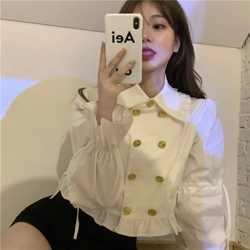 MEXZT Elegant White Shirts Women Korean Ruffles Bandage Crop Tops Vintage Sweet Flare Long Sleeve Double Breasted Slim Blouses