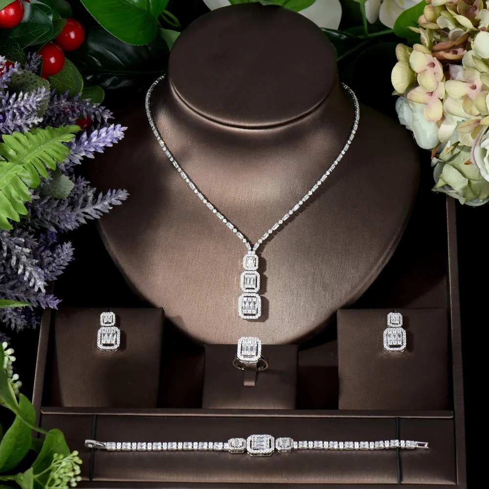 HIBRIDE Square Design 4pcs Necklace and Earrings Sets Cubic Zirconia Women Bridal Wedding Jewelry Accessories bijoux femme N-940