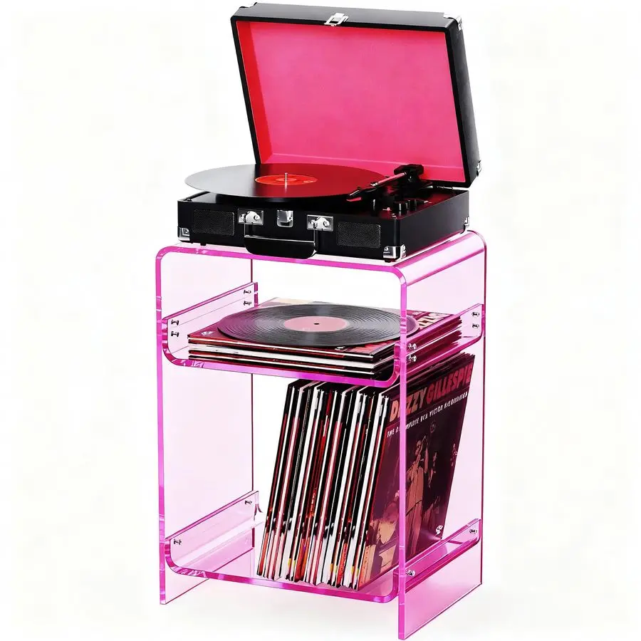 Record Player Table with Storage Shelf, Clear Side Table Nightstand Pink, Medium