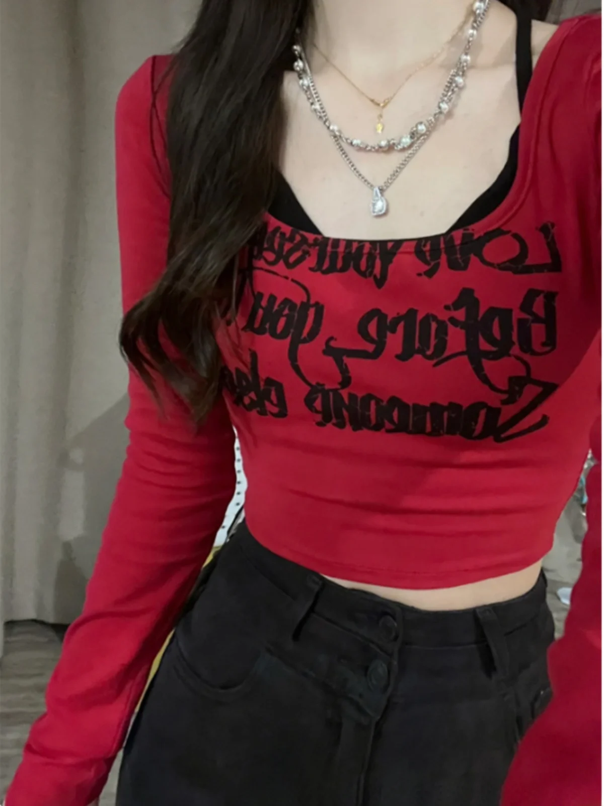 Pure Desire Floral Print T-Shirt Women\'s Set Spring Autumn New Style Spicy Girl Clothing Strap Design Belly Baring Short Top