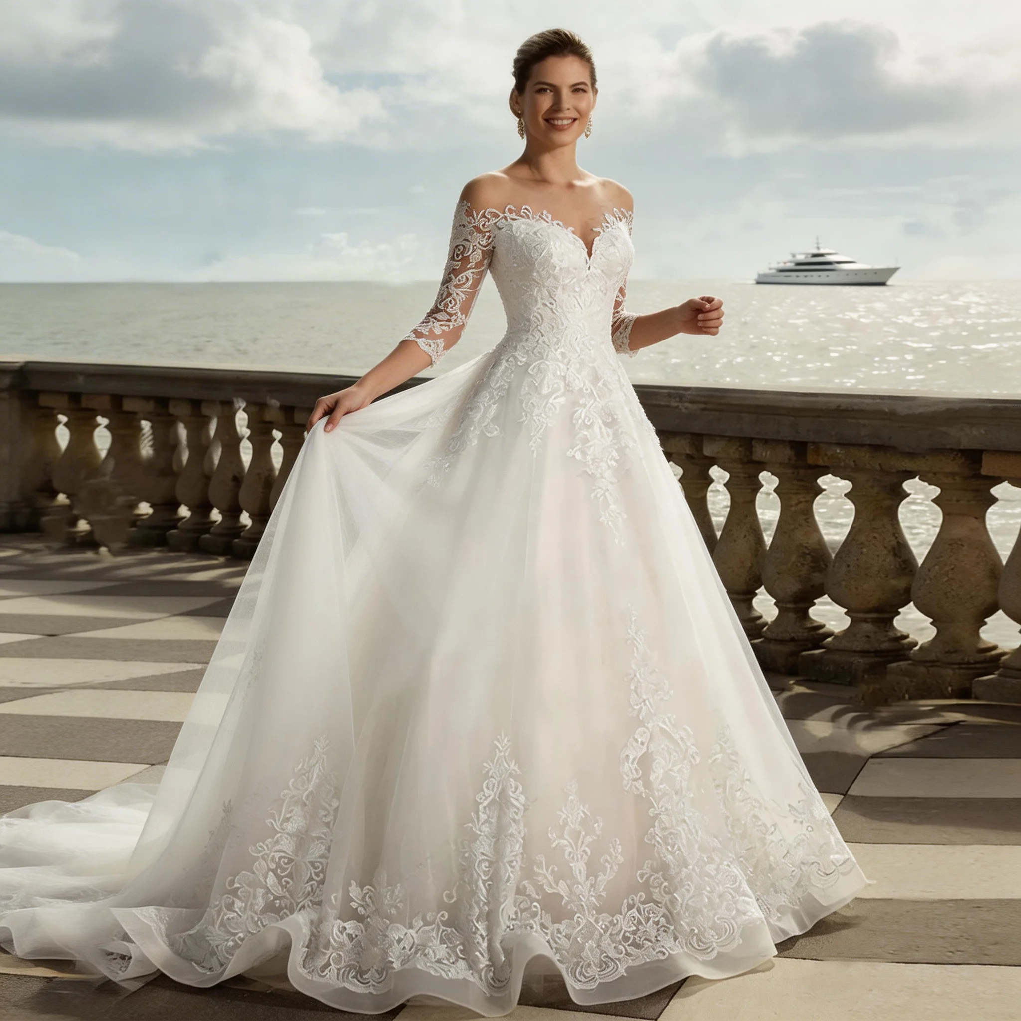

Elegant A-line Wedding Dress with Lace Long Sleeves and Off Shoulder Decals for Women's Vestdos De Novia Customized