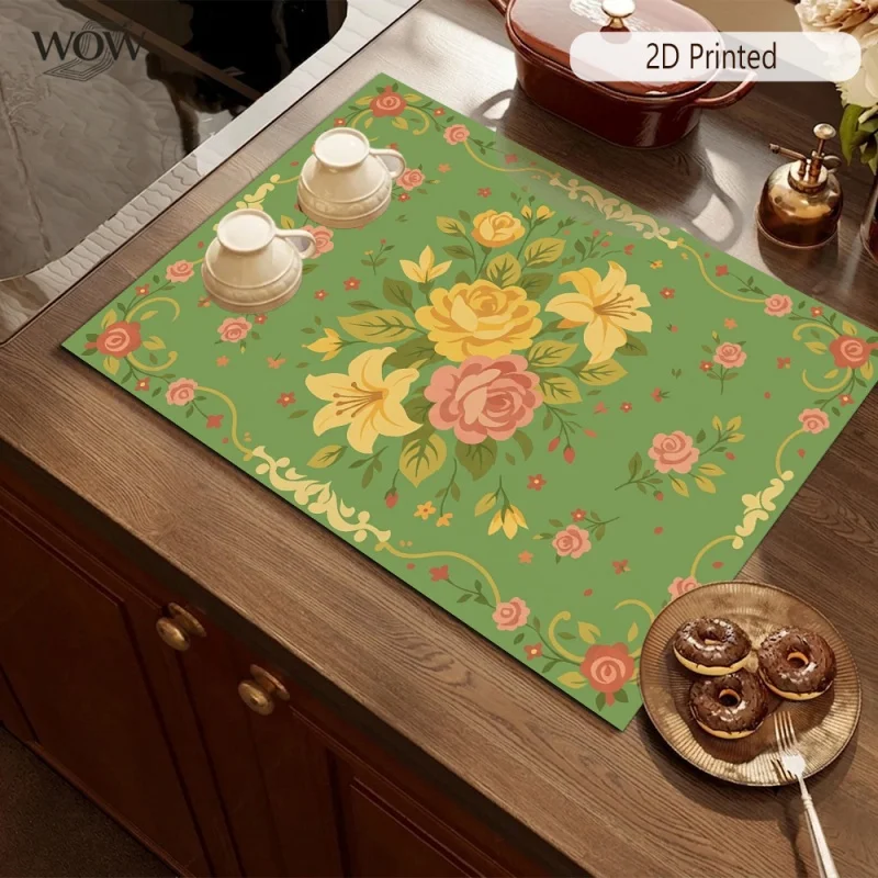 Drying Mat Orange Fruit Branch Leaf Print Tableware Drain Pad for Kitchen Countertop Coffee Machine Area