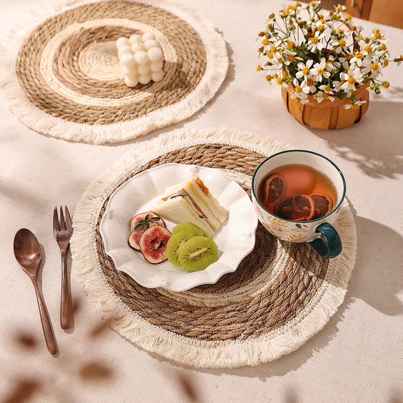 Tassel Bohemian Thick Mat Handmade Straw Woven Placemats Dining Table Wicker Natural Round Farmhouse Heat Resistant Place Mats