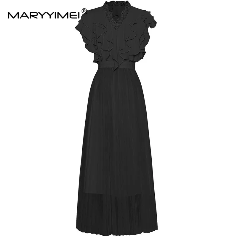 MARYYIMEI Fashion Women's New Vintage Lace V-Neck Flounced Edge Short Sleeved Slim-Fit Mesh Pleated Shaggy Ball Gown MIDI Derss