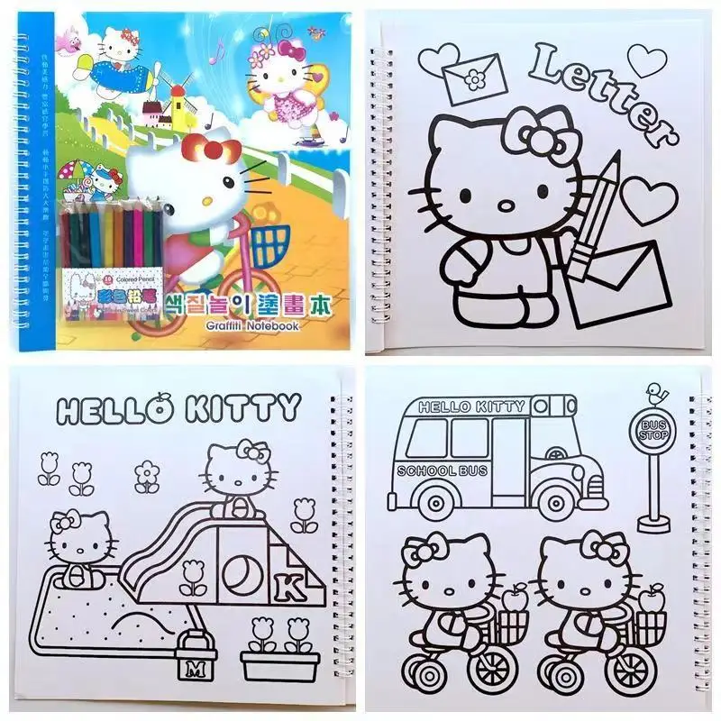 Pokemon Hello Kitty Children's Baby Puzzle DIY Drawing Book Cartoon Coloring Paper Graffiti Book Free Colored Pencil Toy Gift