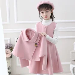 Girls Winter Autumn Casual Woolen 3pcs Coat+Skirt+Hat Suits 5-13 Years Kids Fashion Princess Style Outfits Sets Children Clothes