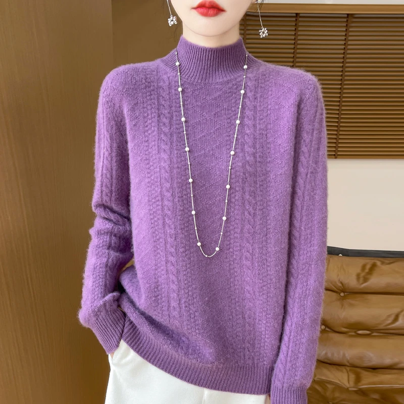 

Fashion 100% Wool Sweater Women's Mock-Neck Knitwear Cashmere Pullovers Autumn Winter Long Sleeve Jumpers Clothing Tops
