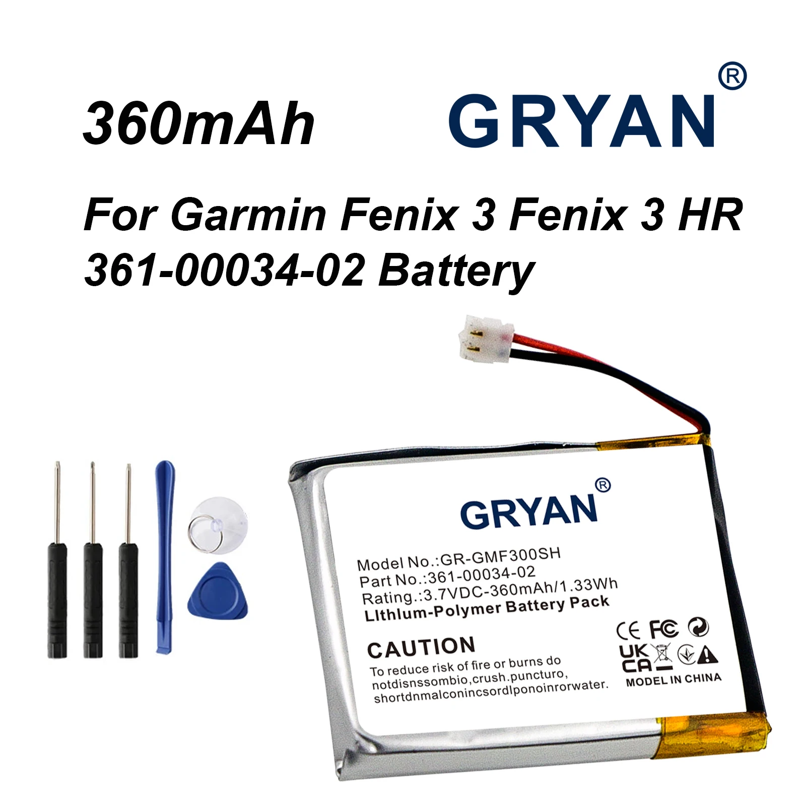 Smartwatch Battery For Garmin 361-00034-02 Fenix 3 Fenix 3 HR Capacity 360mAh / 1.33Wh Color Black Type Li-Polymer 3.70V