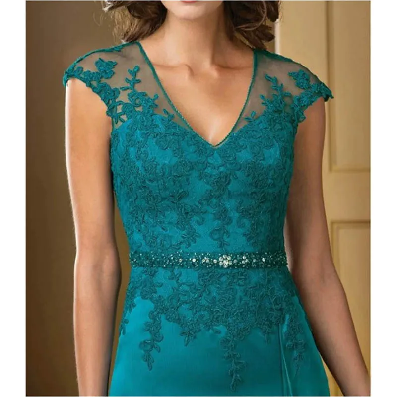 Exquisite Graceful  A-Line Lace Floor-Length Mother Of The Bride Dress Turquoise Appliques Chiffon Short Sleeve Ruffles Belt