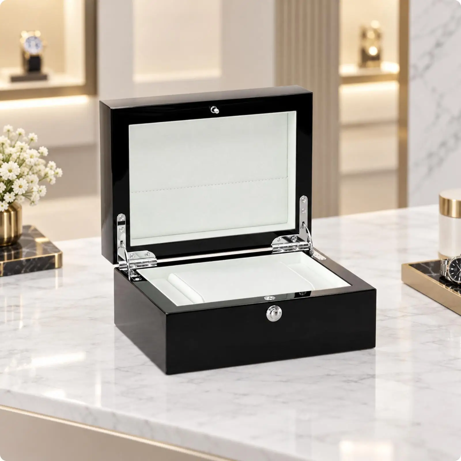 Black Wooden Watch Case Storage Box with Metal Clasp Hinged Lid and Cushion Insert for Timepiece Protection