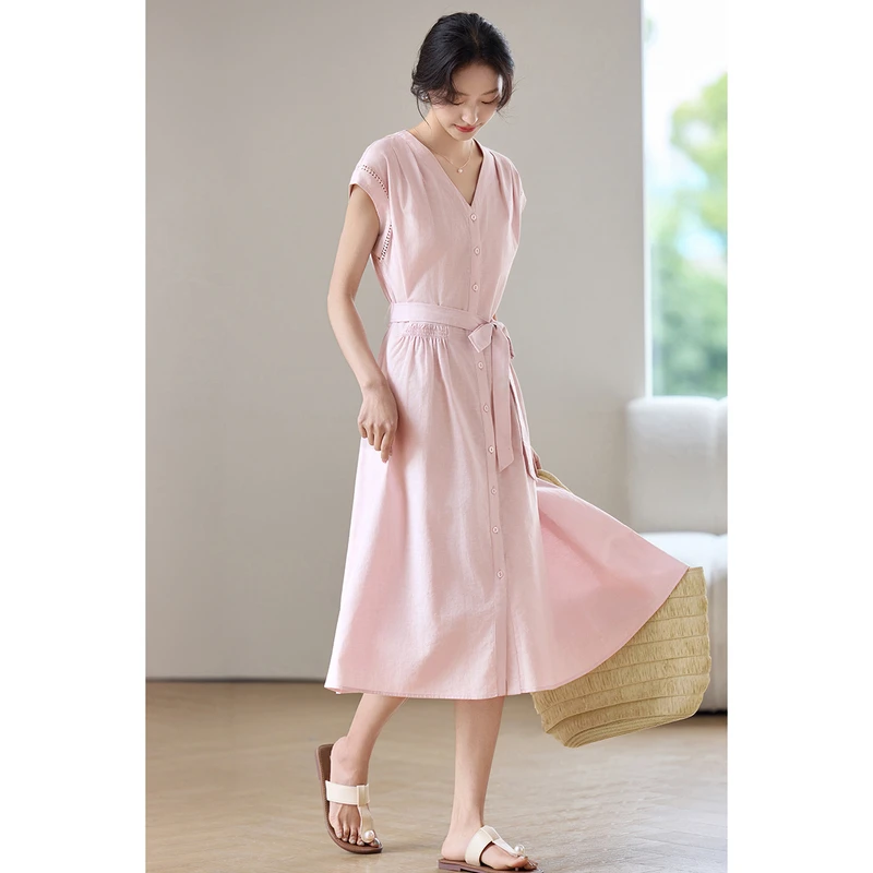 SENTUBILA ชุดเดรสสีชมพูผู้หญิง - Linen Dress Wrap บทวิจารณ์และราคา