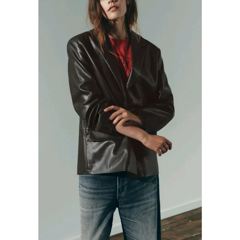 Automne nouveauté femmes américain Sle Long Sve Tube droit PU effet cuir costume Jaet décontracté Faion Ele