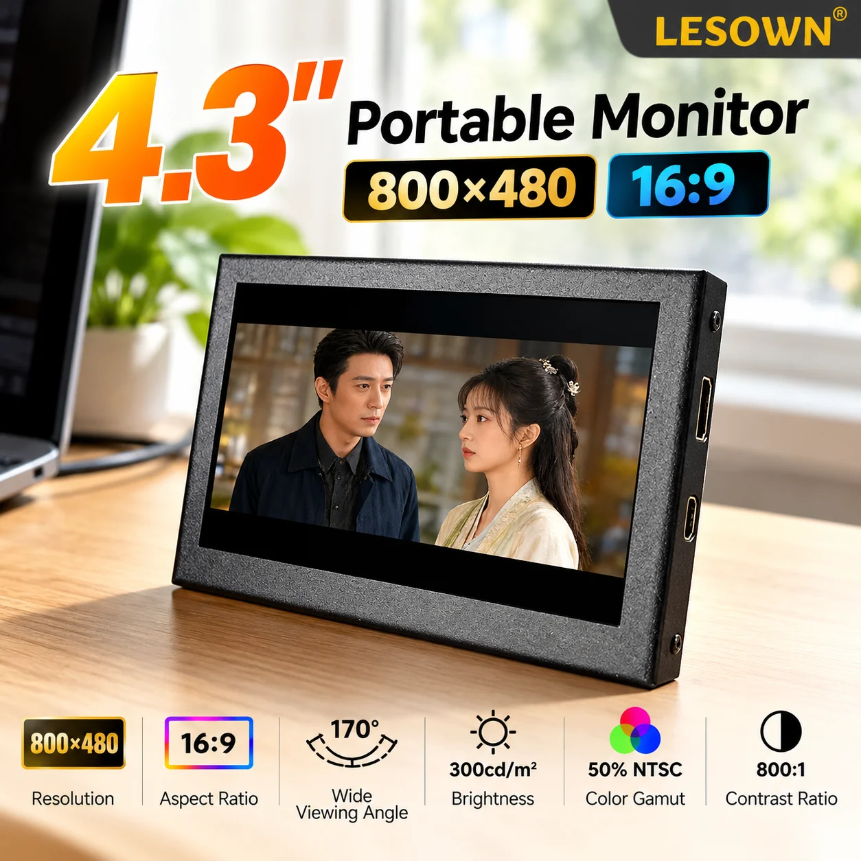 LESOWN 4.3/5 Inch Small LCD Display 800x480 60Hz HDTV Video Input RPi M2.5 Mounting Aluminum Housing for PC System Monitoring