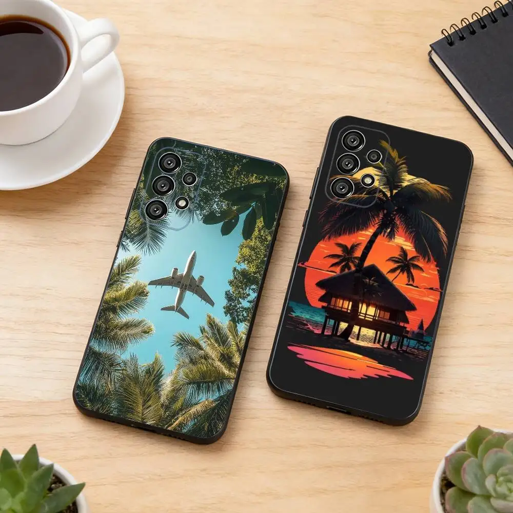Coconut Palm T-Tree Phone Case Black Silicone Soft For Samsung S25,S24,S21,S22,S23,S30,Ultra,S20,Plus,Fe,Lite